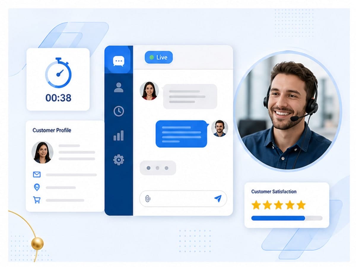 Live chat console showing an agent handling a customer conversation alongside response time and satisfaction metrics